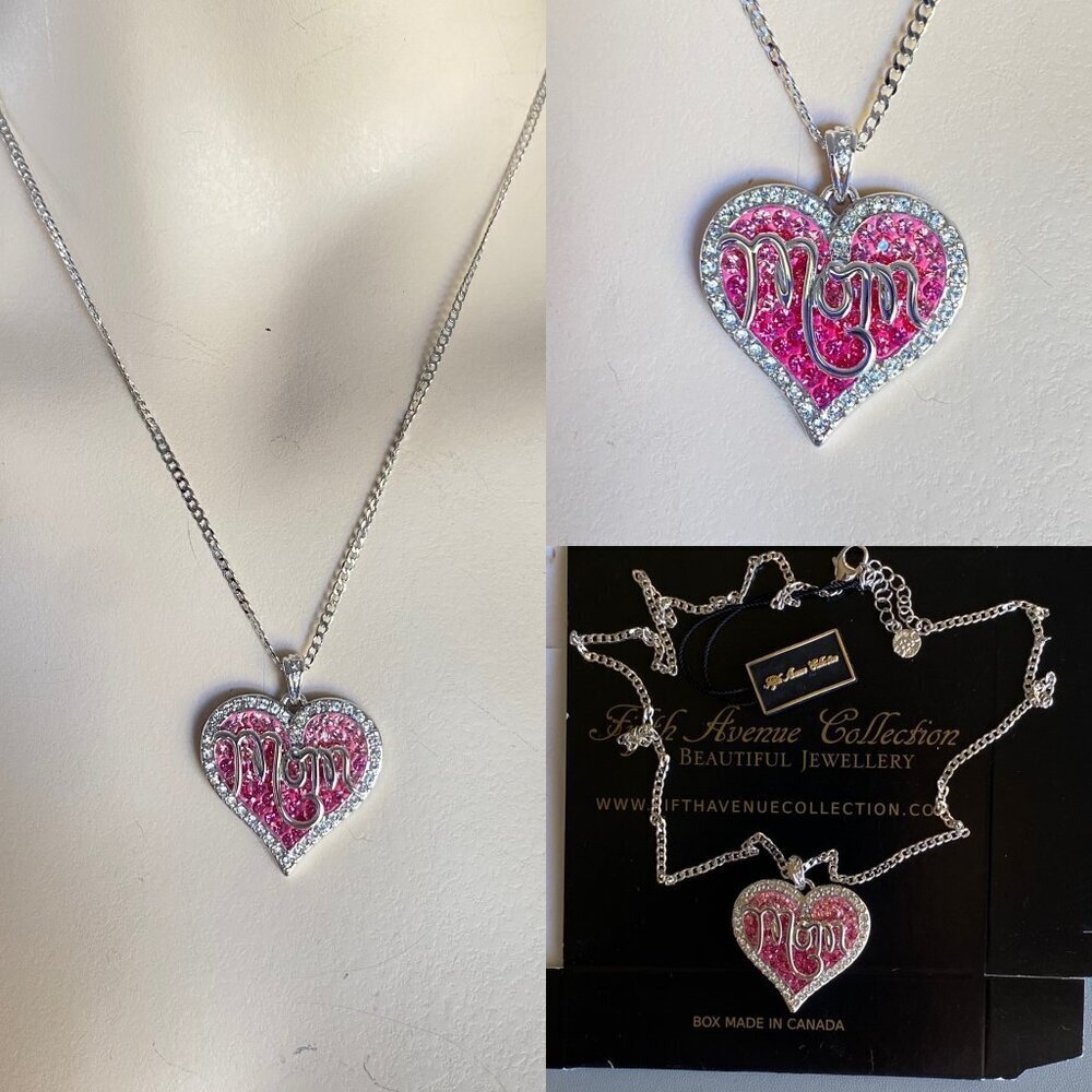 Butler "MOM" pink & Clear Crystal Heart Pendant Necklace